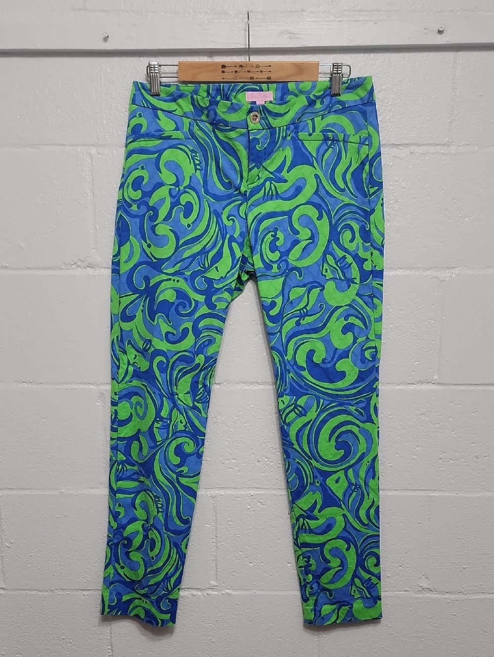Lilly Pulitzer Blue and Lime Swirl Embossed Ankle Pants